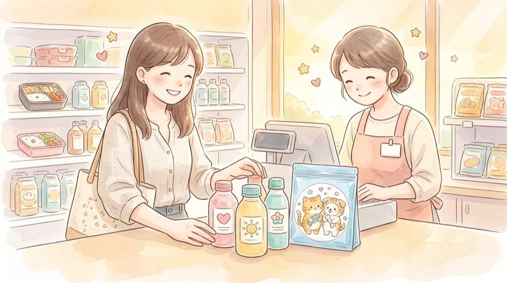 セブン‐イレブンのレジで対象商品とジッパーバッグを一緒に会計