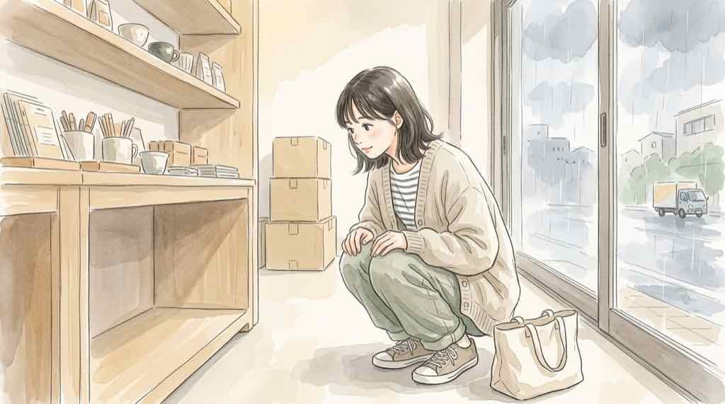 店頭の棚に商品がない理由が売り切れではなく入荷待ちであることを表した水彩イラスト