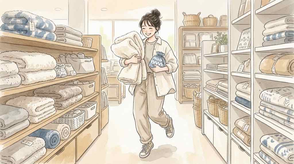しまむらドラクエの人気商品を探す人と、売り場に並ぶ日用品の水彩イラスト