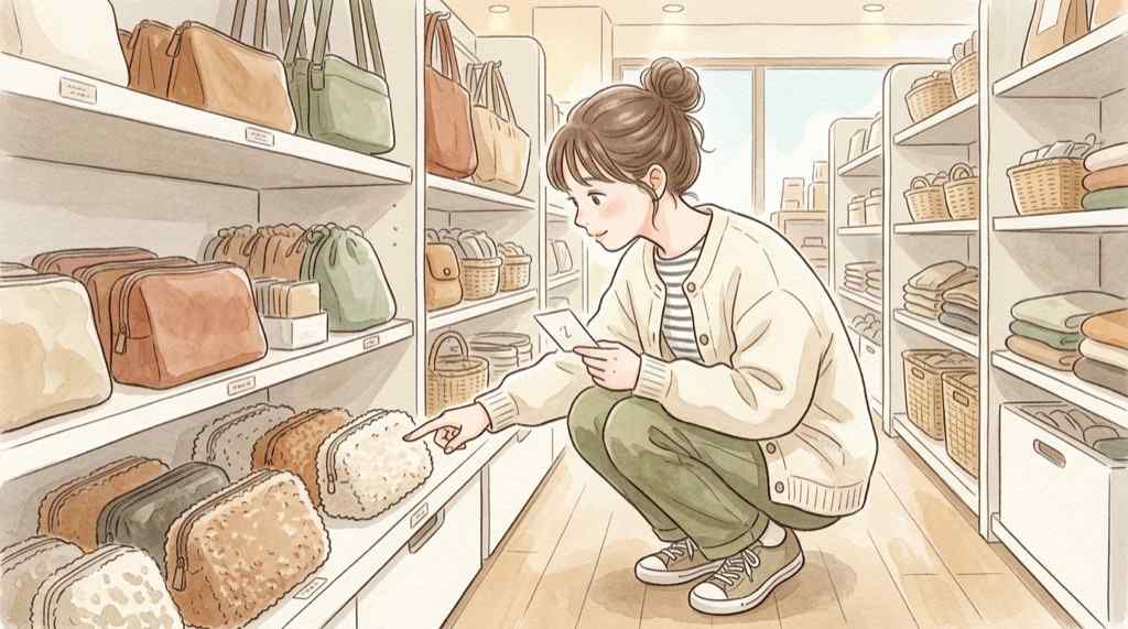 しまむら サンリオ 在庫確認をアプリの品番検索で進める女性を描いたやさしい水彩イラスト
