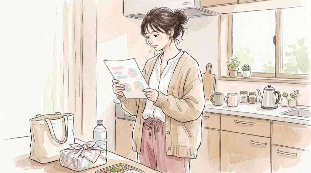 ステルス値上げ2026の調査結果を買い物かごと食品で表した水彩イラスト