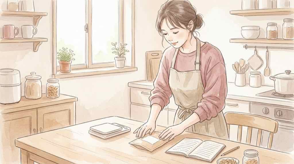 内容量が変更された食品をキッチンで比較する水彩イラスト