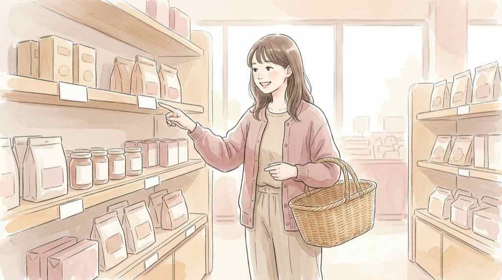 内容量10%減の実質値上げを100g当たり価格で比べる買い物の水彩イラスト