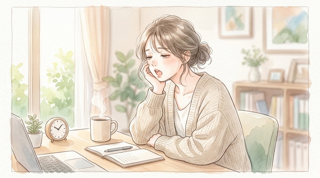 寝ても眠い なぜ？睡眠休養感と日中の眠気を考える女性のイラスト