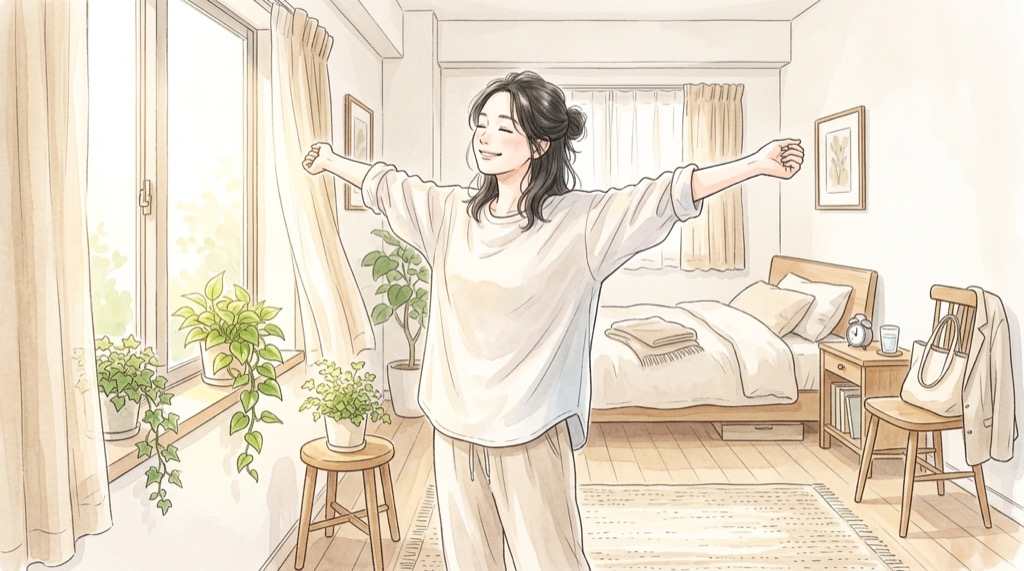 寝ても眠い理由を考える女性とやわらかな朝の光のイラスト