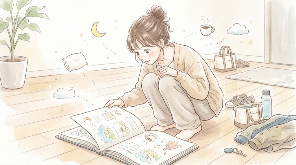 日中の眠気の原因を整理する女性のやわらかな水彩イラスト