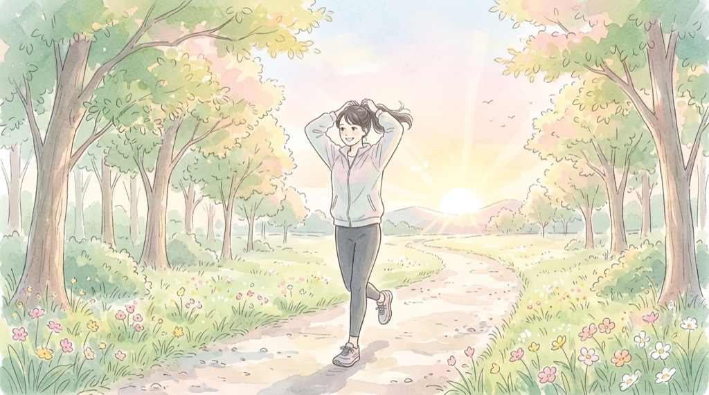 朝の光を浴びて整える睡眠習慣のやさしい水彩イラスト