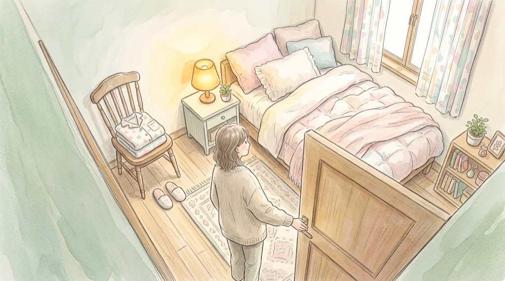 睡眠をサポートするやさしい寝室のイメージを描いた水彩イラスト
