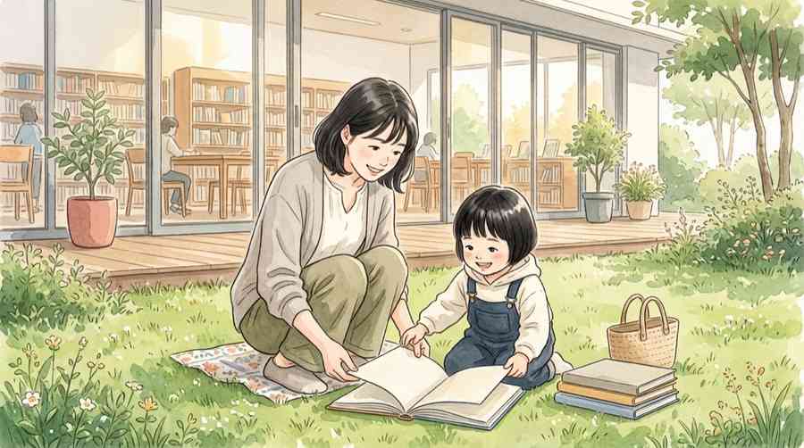 桑都の杜のいこいライブラリで本を読む親子と公園へ続くテラス