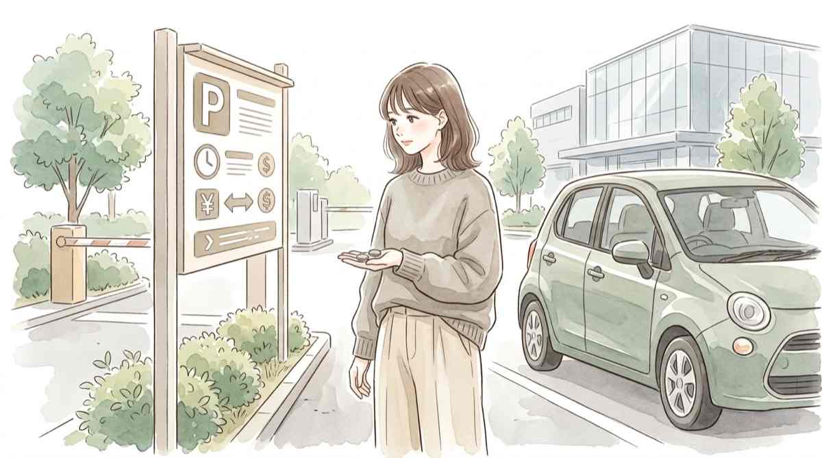 桑都の杜の駐車場を案内する看板と入口のイメージ