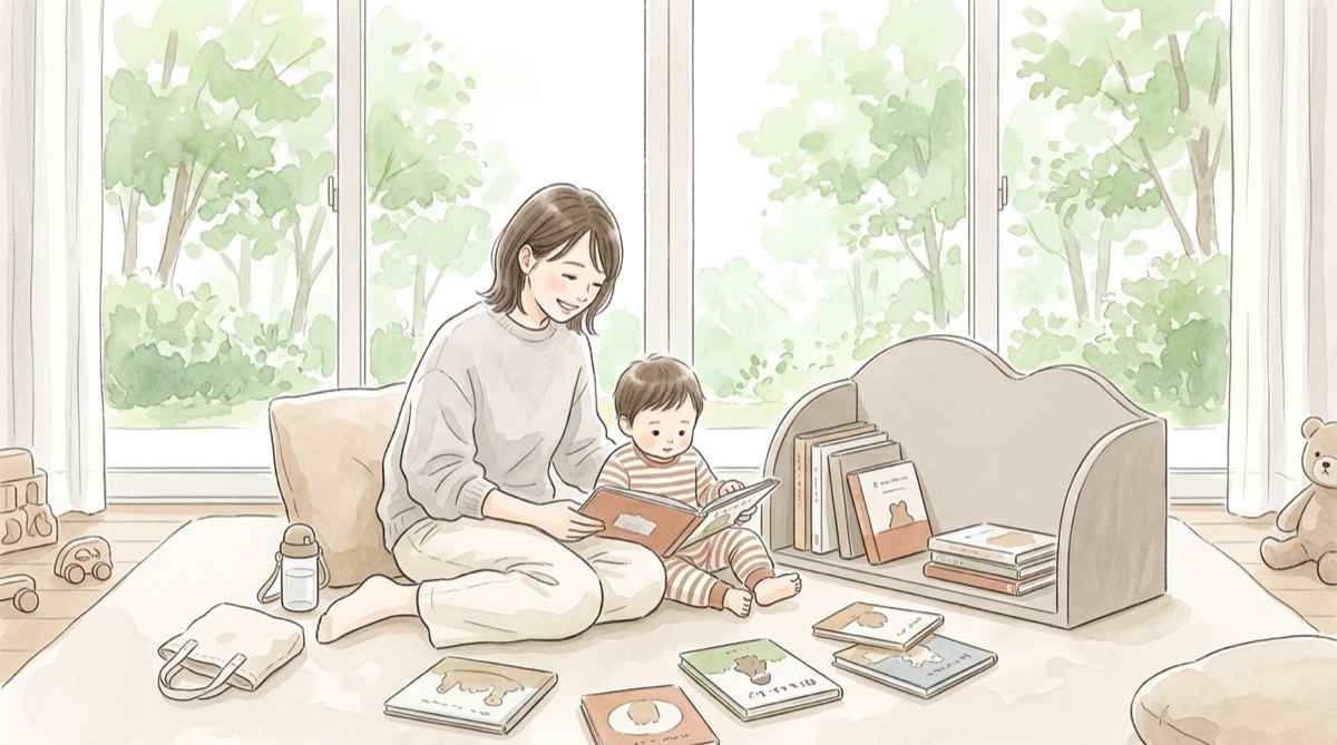 桑都の杜のおやこひろばで絵本を楽しむ親子