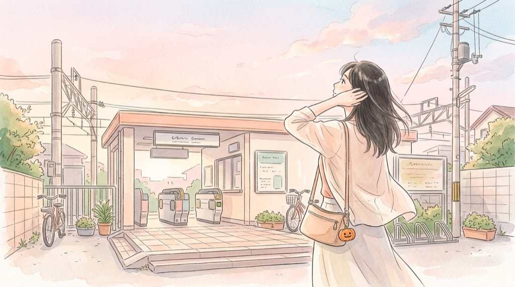 SPOOKY PUMPKINの始発に備えて薄手の上着を羽織る早朝の駅前