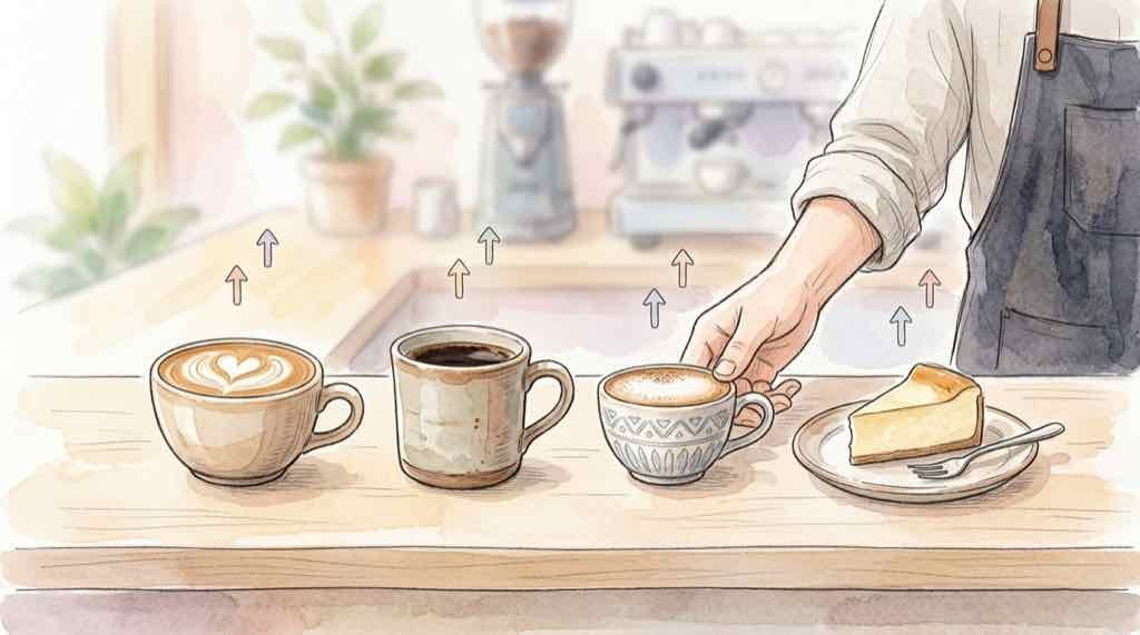 スタバ値上げの人気メニュー新旧価格一覧。ラテやコーヒーのカップが並ぶ様子