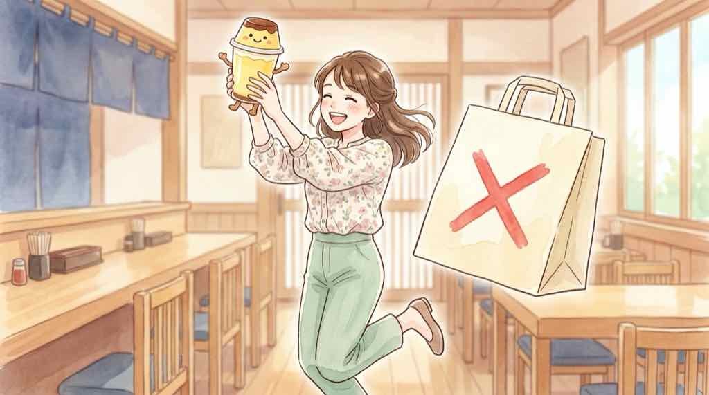 スシロー ポムポムプリン 持ち帰りできない?店内でコラボメニューを楽しむ女性のイラスト