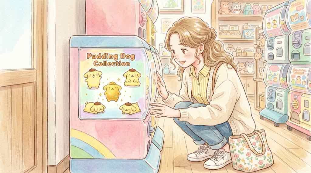 スシロー ポムポムプリン マスコットを選ぶ女性のイラスト、売り切れ対策の水彩風景
