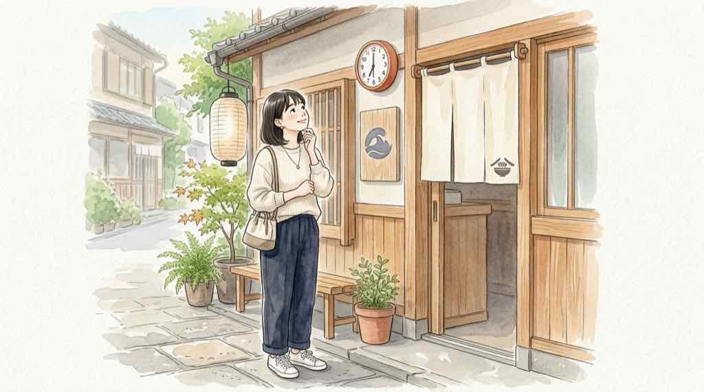 田所商店 クロミ コラボは10月5日何時から買えるのか調べる女性のイラスト