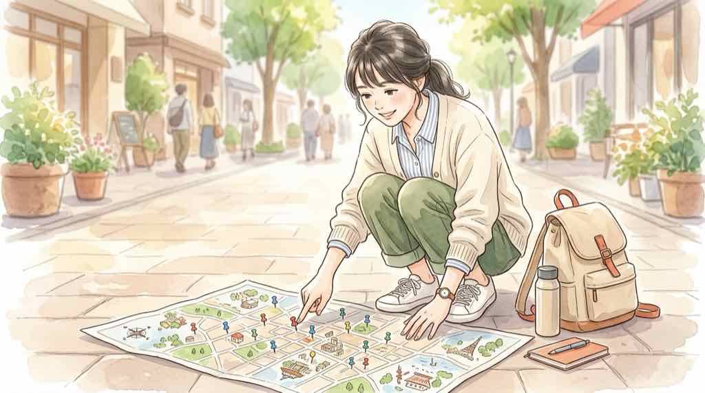 田所商店 クロミ コラボの対象店舗を地図で確認する女性のイラスト