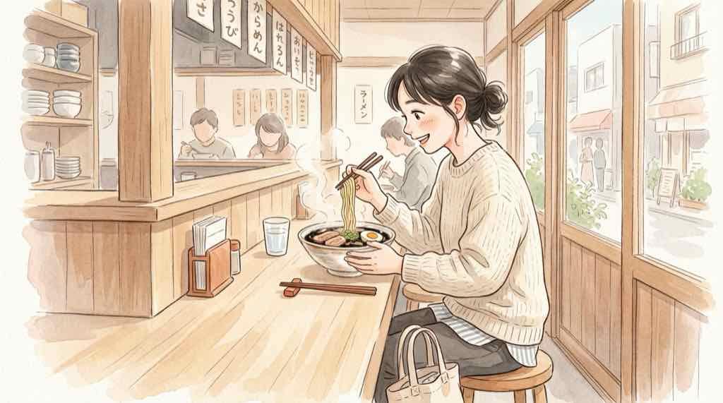 田所商店 クロミ コラボラーメンの値段と黒くなるスープをイメージした女性のイラスト