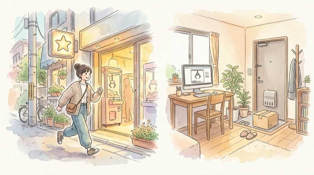 タイトー サンリオ オンクレと実店舗の違いを水彩のスマホとお店のイラストで比較