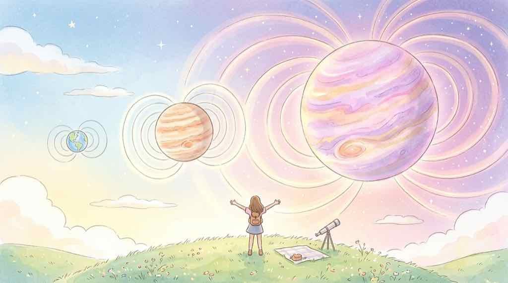 太陽系外惑星 磁場の強さを地球と木星とがか座ベータ星bで比べた比較図