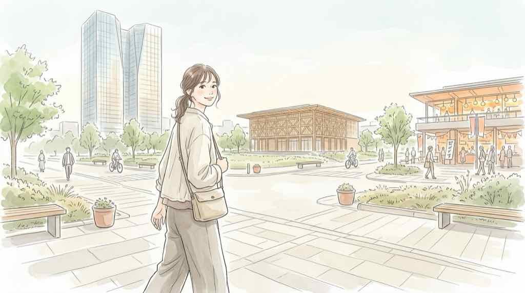 高輪ゲートウェイシティのエリア別ガイドを読みながら街を歩く女性