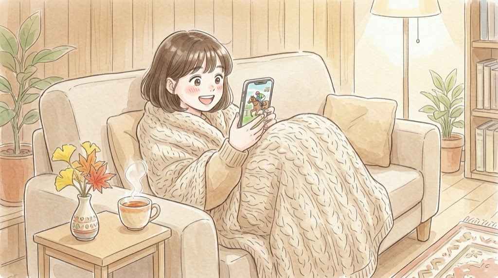 天皇賞秋2026をスマホの無料ライブ配信で見る女性