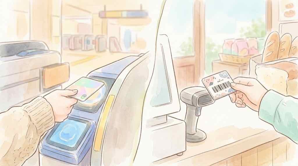 teppayとSuicaの違いを比較するイメージ、改札のタッチとコード決済の対比