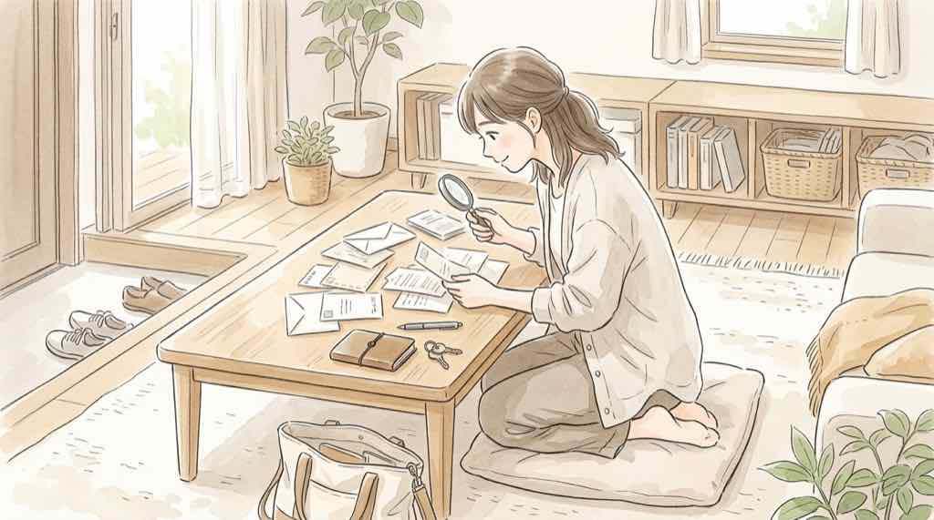 タイムズカー流出の対象確認でメールの迷惑フォルダまで見直す女性のイラスト