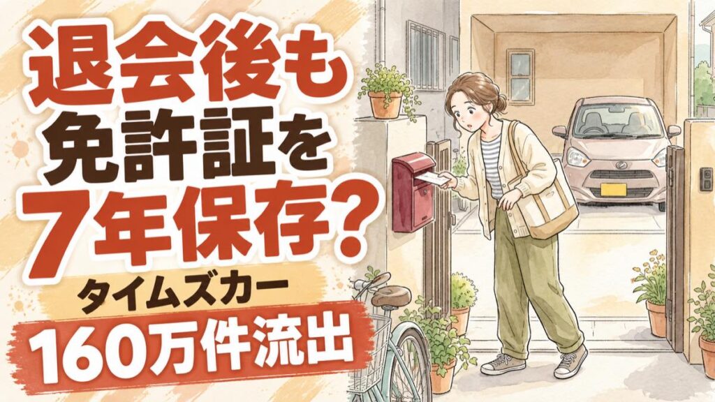 タイムズカー 免許証 7年保存の流出ニュースで自分が対象か不安になる女性のイラスト