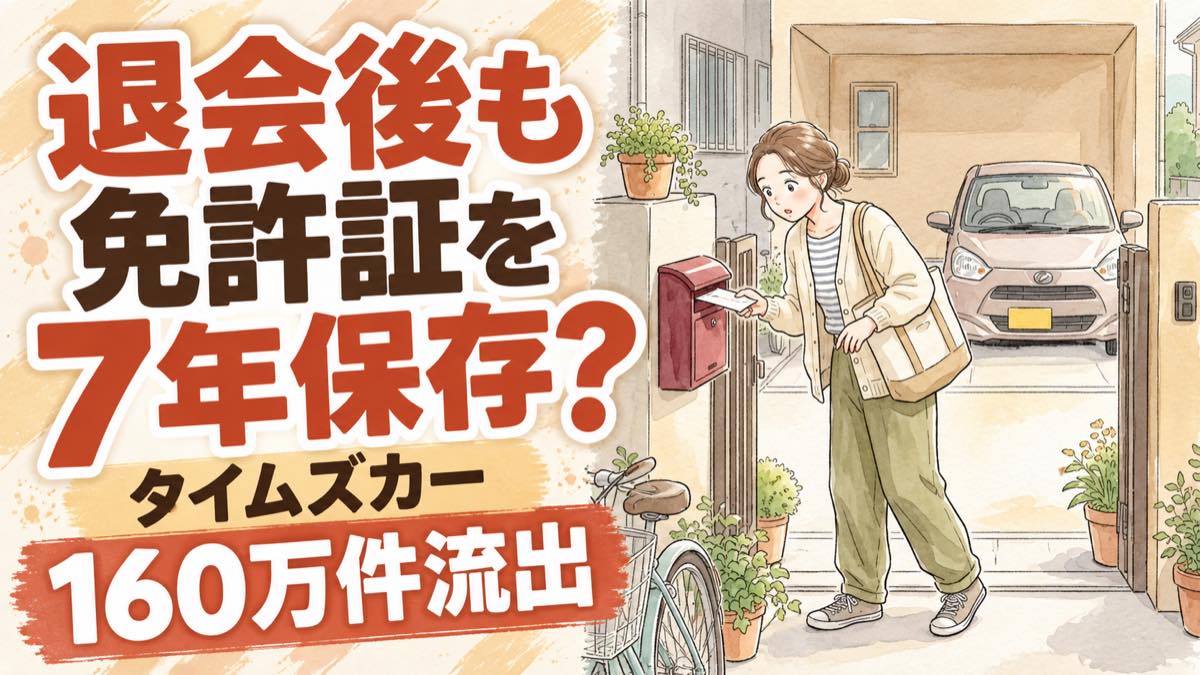 タイムズカー 免許証 7年保存の流出ニュースで自分が対象か不安になる女性のイラスト