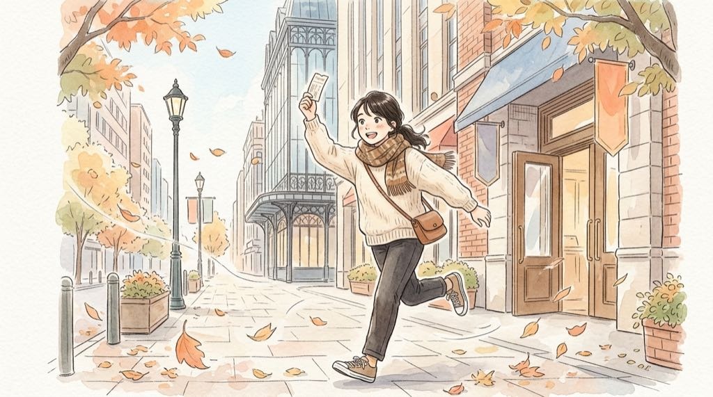 To LOVEる ポップアップの整理券を手に渋谷へ向かうわくわくした女性のイラスト