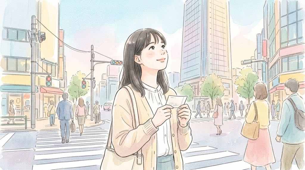 To LOVEる ポップアップの整理券を確認しながら渋谷へ向かう女性のイラスト