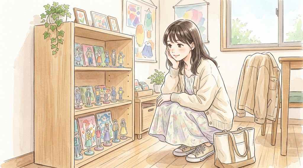 To LOVEる ポップアップのグッズ売り場で商品を選ぶ女性のイラスト