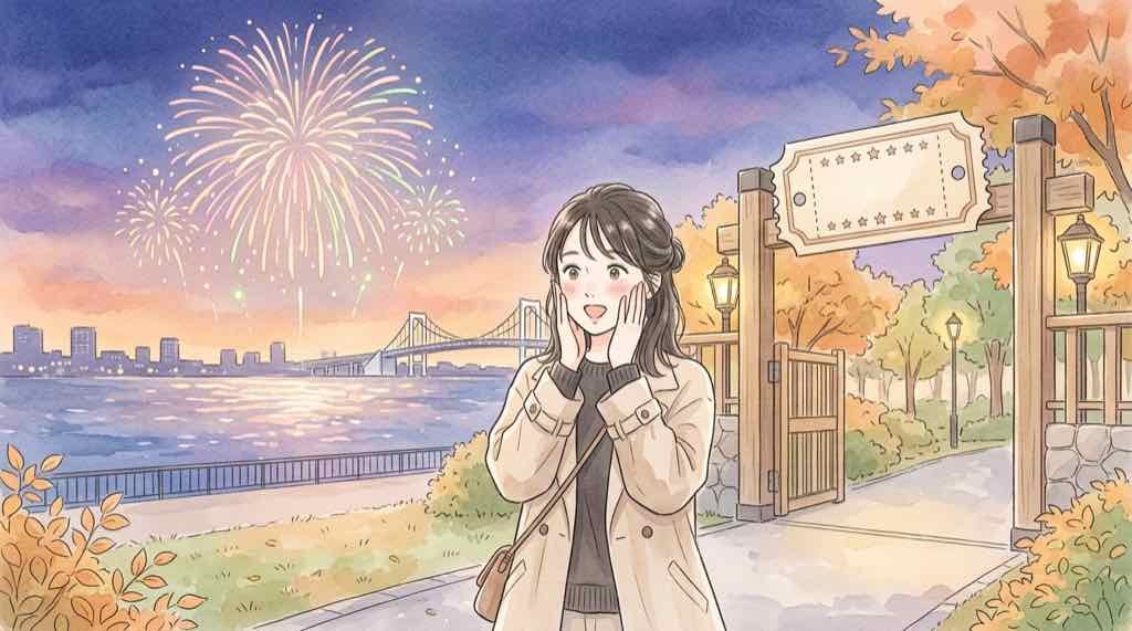 東京湾大華火祭2026のチケットなしで見られるか確認する女性
