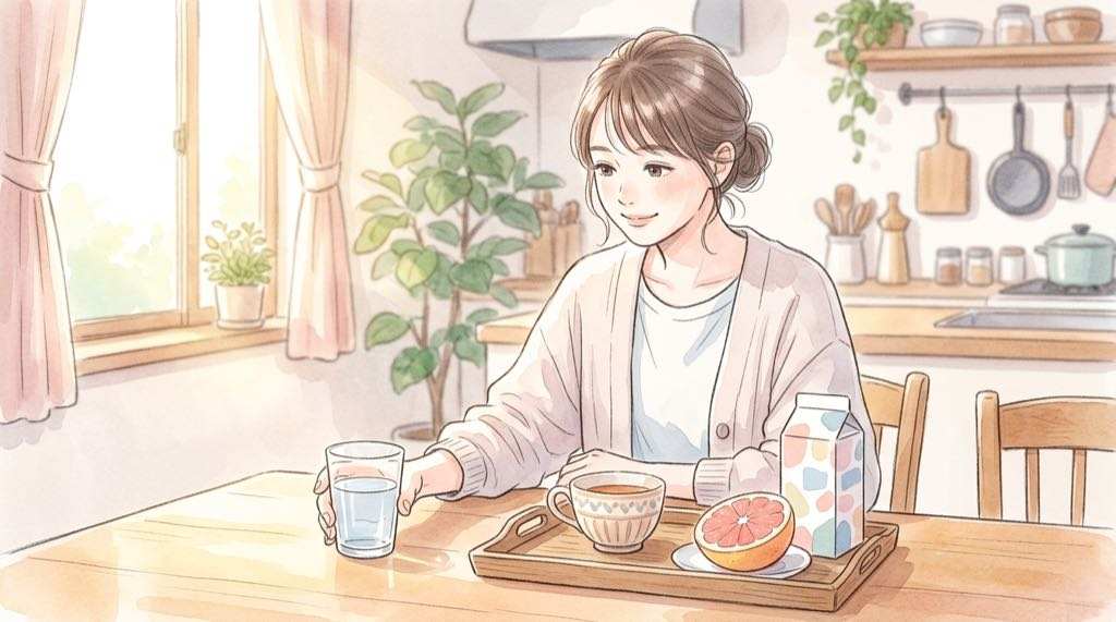 薬の飲み方の基本、水やお茶で薬を飲むコップと薬のイメージ