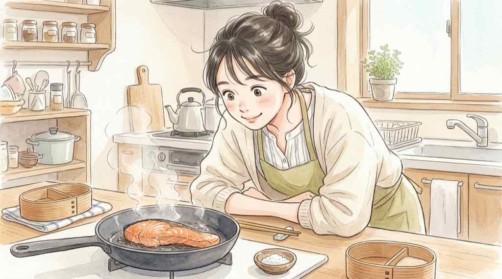 トリセツショー 鮭 焼き方をふっくら仕上げるために焼き鮭を前に笑顔で待つ女性