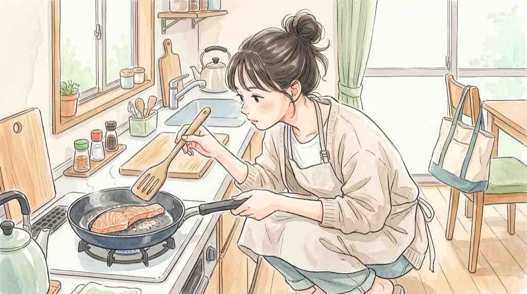 鮭がパサパサになる理由を考えながら焼き鮭の断面を見つめる女性のイラスト
