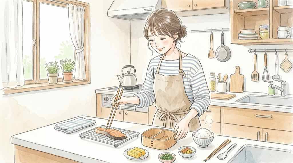 お弁当用に焼いた鮭の粗熱を網の上で取って冷めても硬くしないコツを試す女性