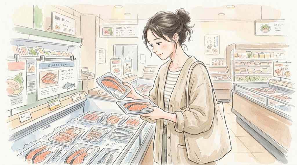 スーパーの鮮魚コーナーで生鮭と塩鮭の違いを見比べて鮭の選び方を考える女性