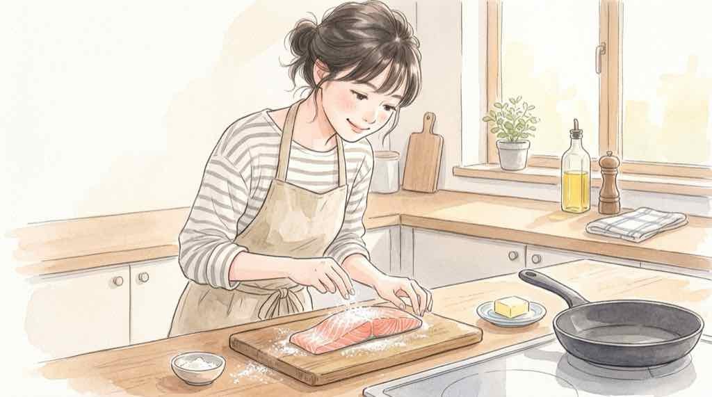 鮭のムニエルをフライパンで焼き小麦粉の衣で水分を守るコツを確かめる女性