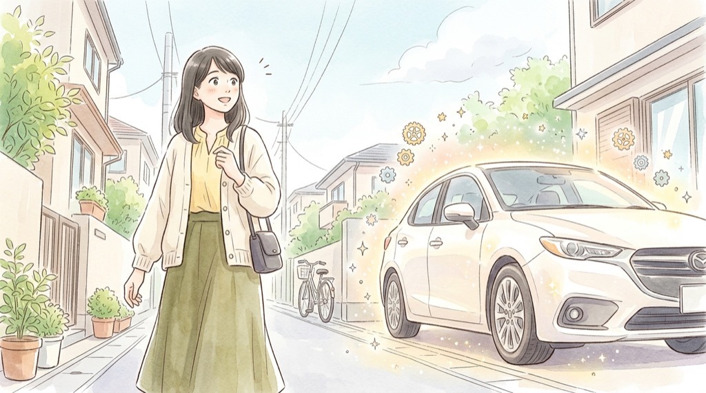 トヨタ SDV化で今の車はどうなるかを考える、車と女性の水彩イラスト