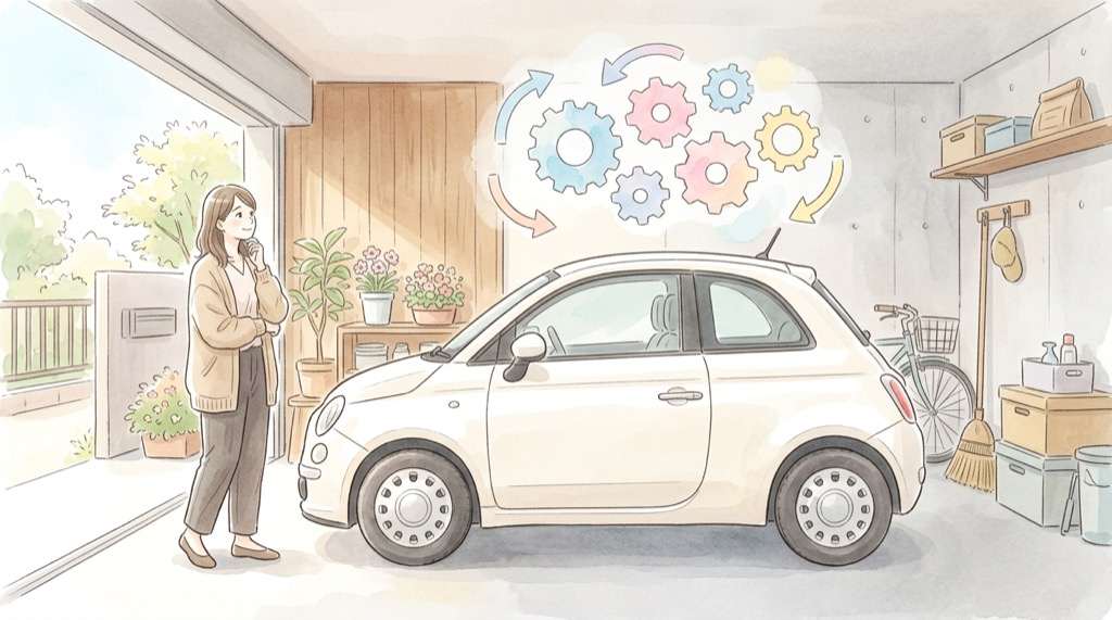 トヨタ SDV化で何が変わるかを考える、車のそばで考え込む女性のイラスト