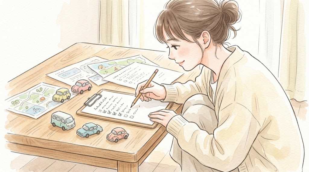 Arene対応車を一覧表で確かめる、車の模型とメモを広げた机のイラスト