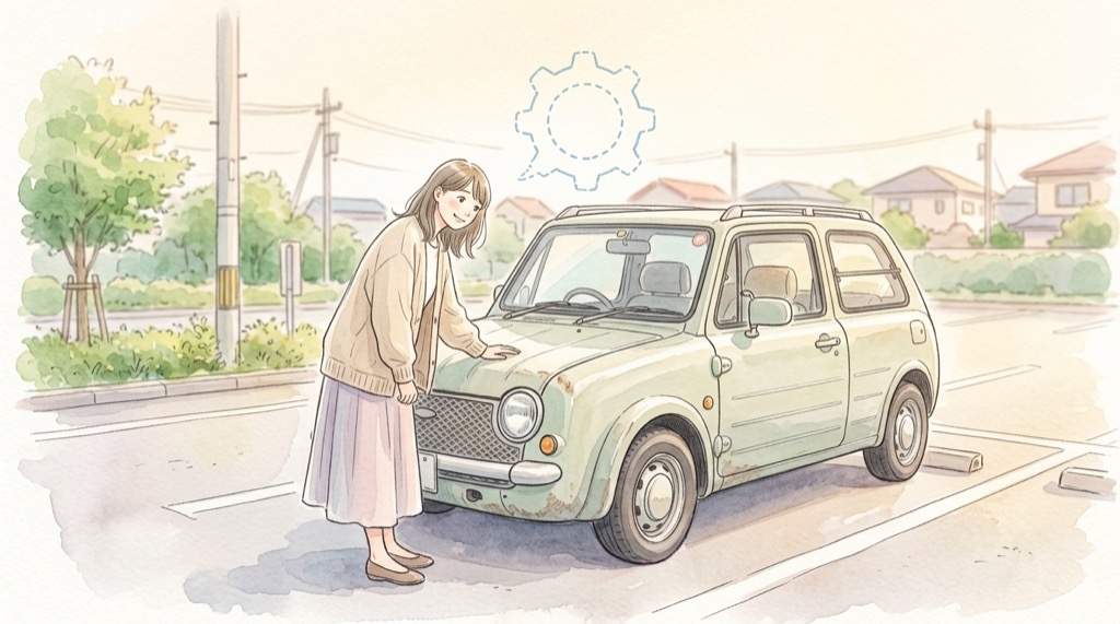 今乗っているトヨタ車がAreneにできるか調べる、駐車場の車と女性のイラスト