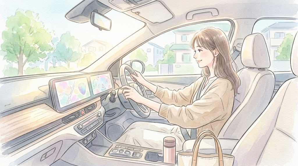 SDV化で便利になる点を考える、車の中でほほえむ女性のイラスト