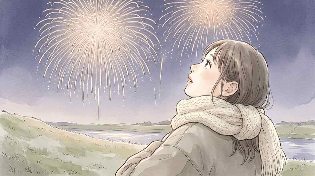 土浦花火大会2026の開催予定日と観覧のポイントを夜空の花火で表した水彩イラスト