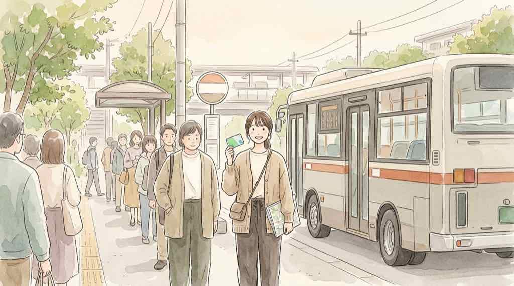 土浦花火大会2026 交通規制と駐車場の注意を伝える、土浦駅から会場へ向かう人の流れの水彩イラスト
