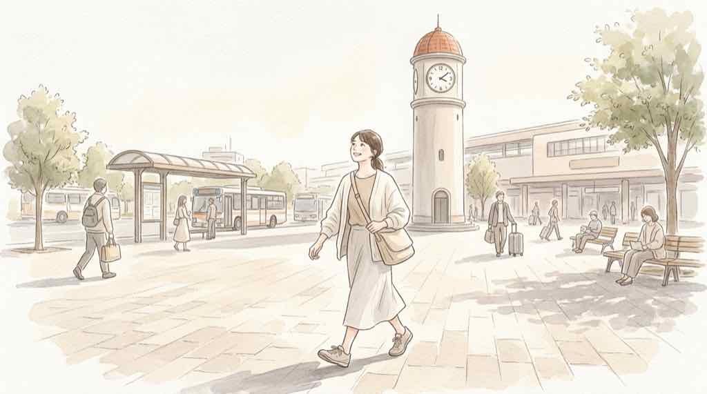 土浦駅に早めに到着して花火大会に向かう人たちの水彩イラスト