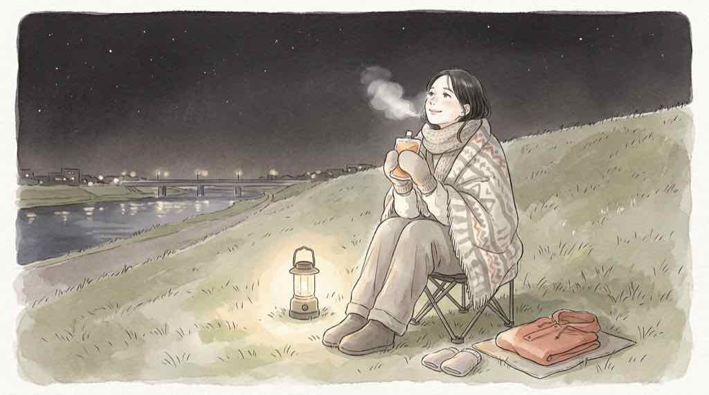 11月の夜の花火大会で防寒着を着て花火を待つ人たちの水彩イラスト