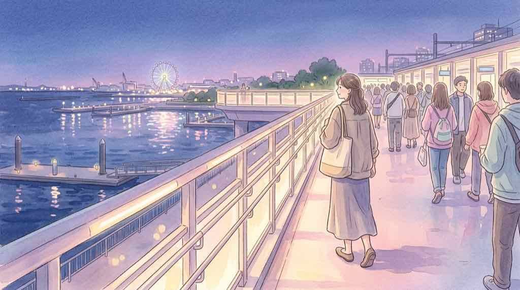 Kアリーナ横浜の帰り道で混雑するみなとみらいの夜景のイメージ